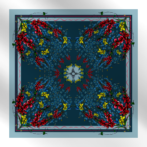 Navy silk scarf with mirrored red and yellow florals in an ornate botanical pattern.